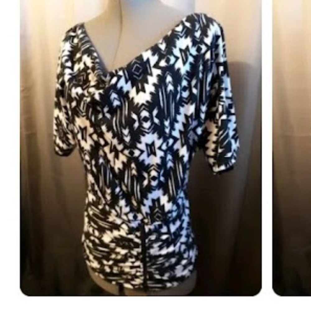 Aztec Southwestern Draped neck Blouse S Black White ruched waist Dolman sleeve